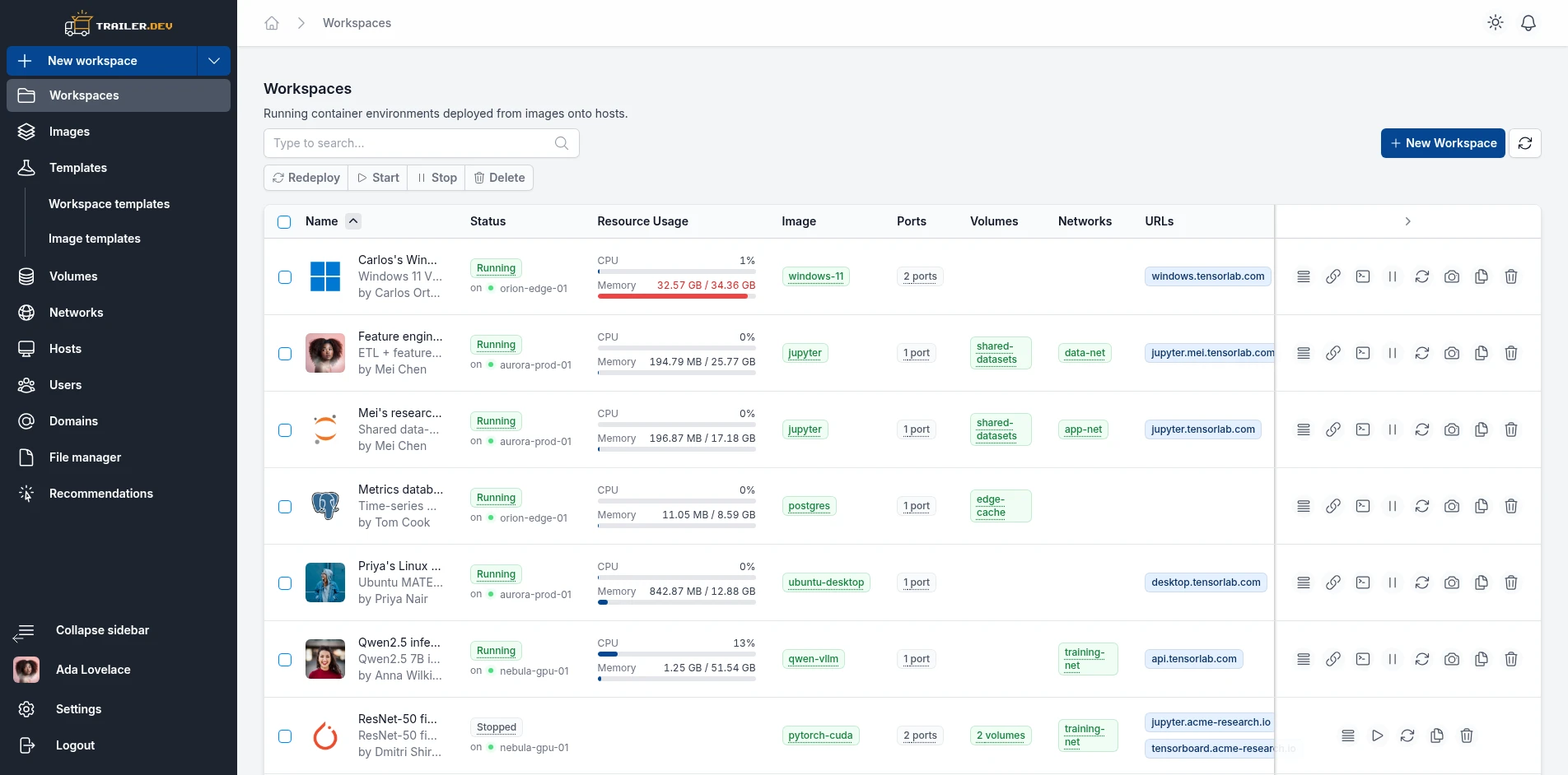 Dashboard with hosts and a workspace