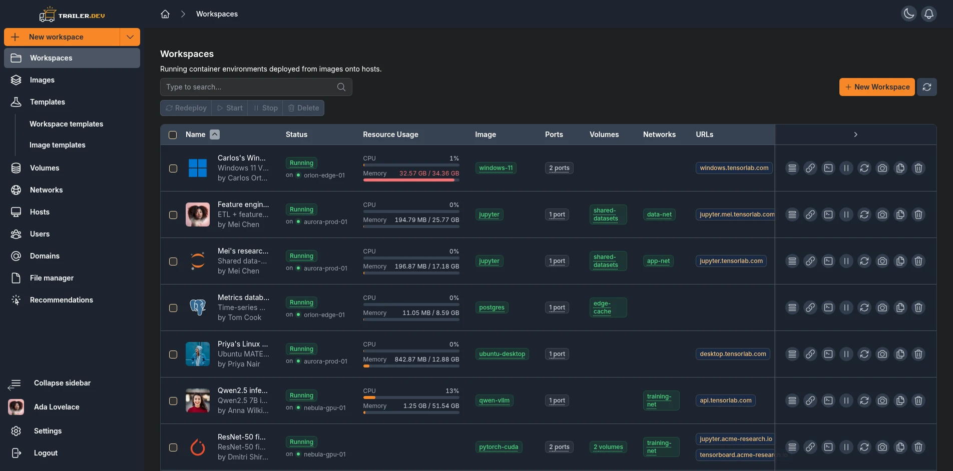 Dashboard with hosts and a workspace