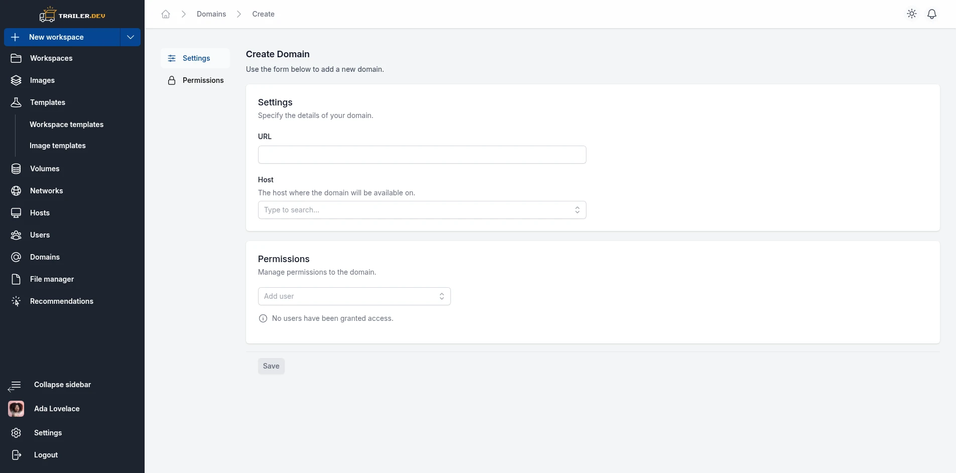 Create Domain form