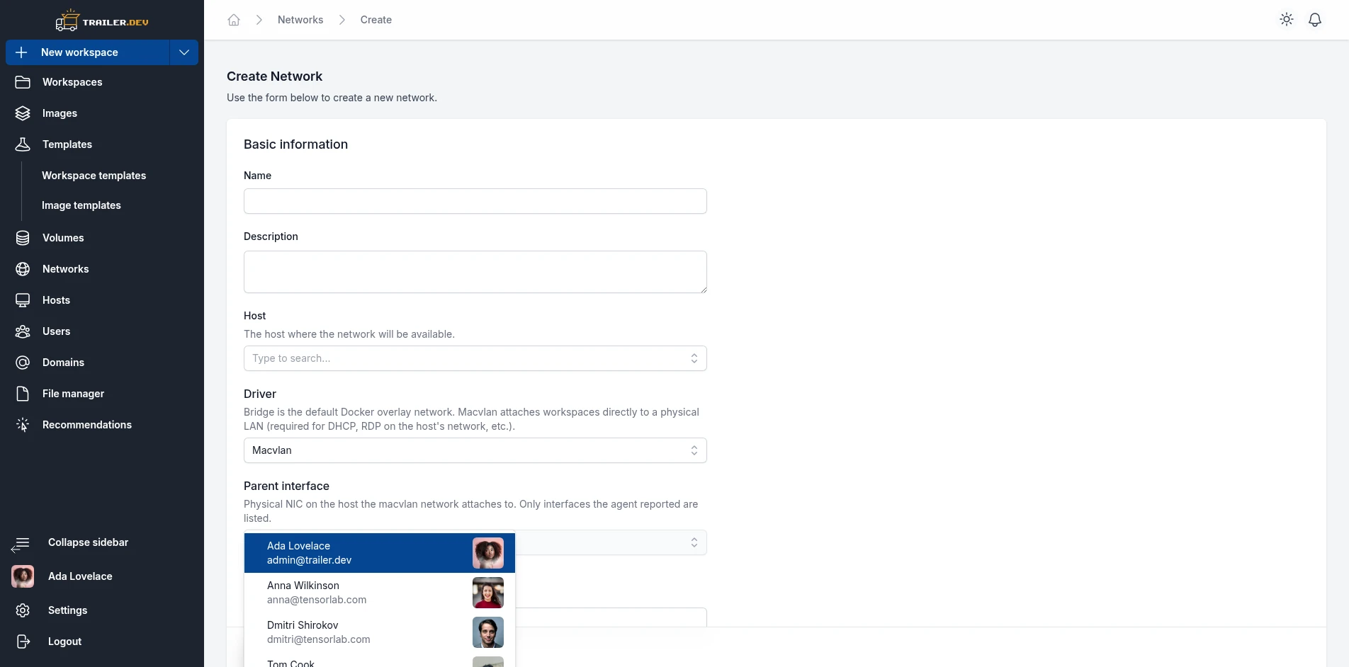 Create Network form