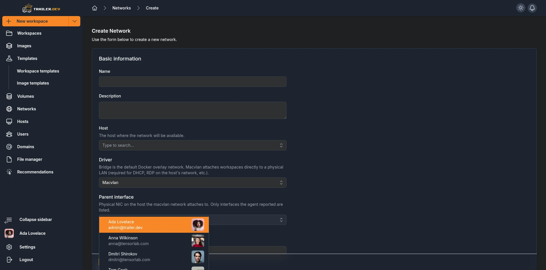 Create Network form