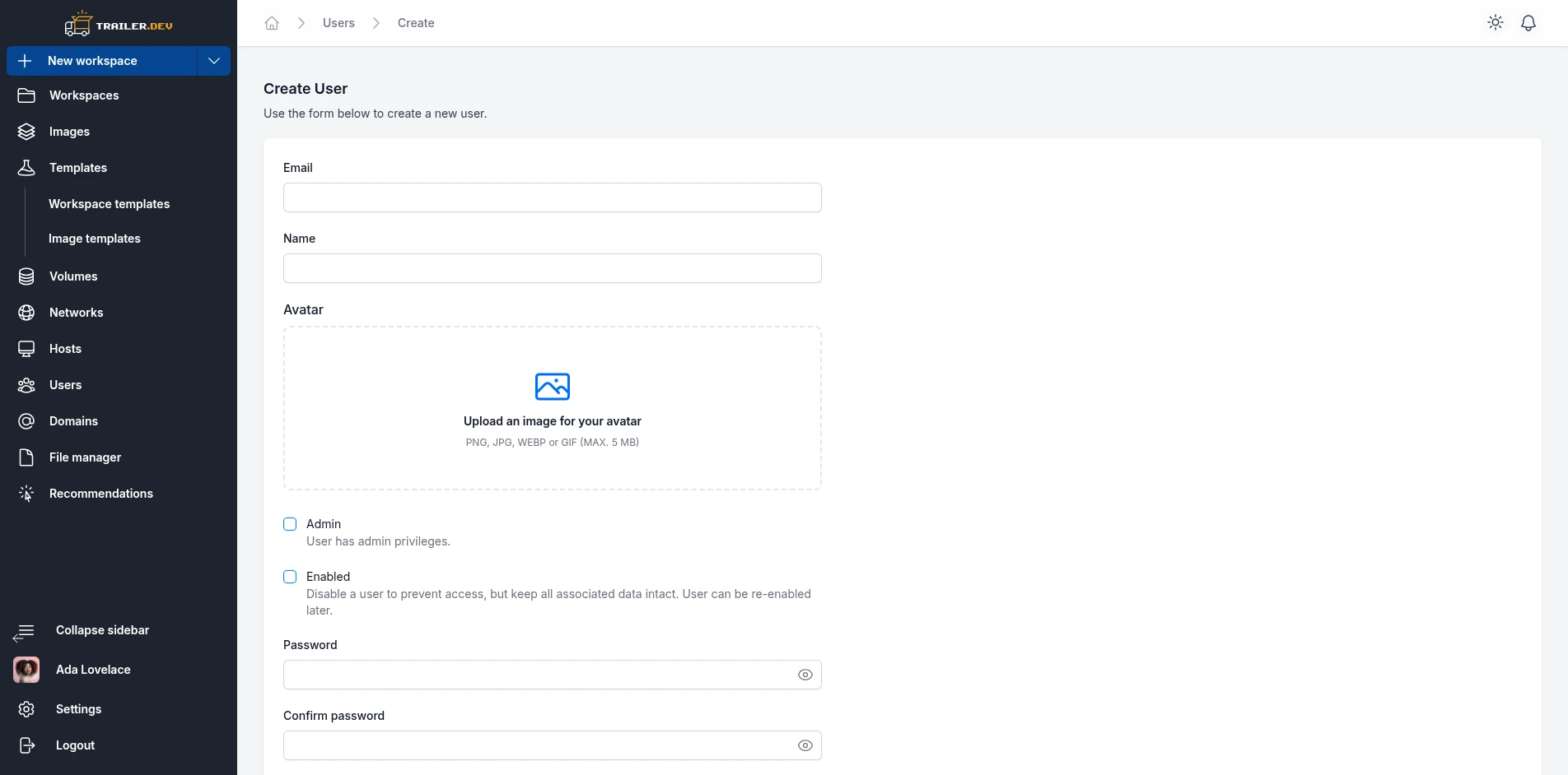 Create User form