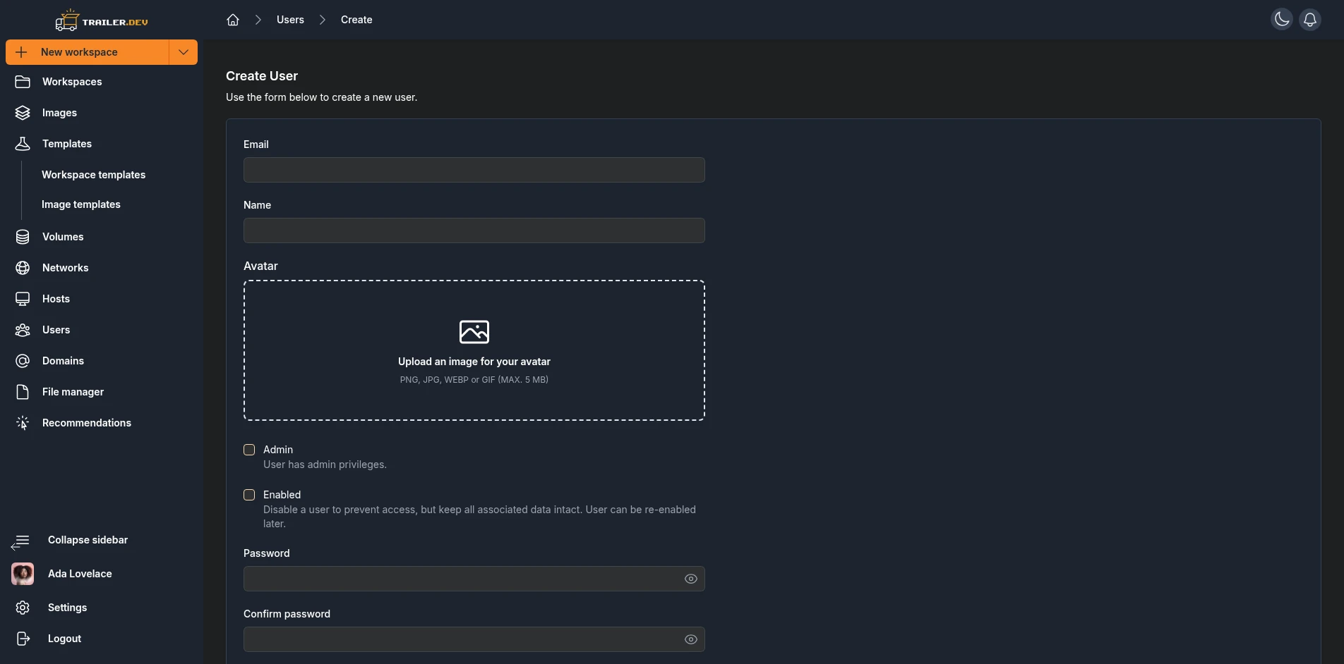 Create User form