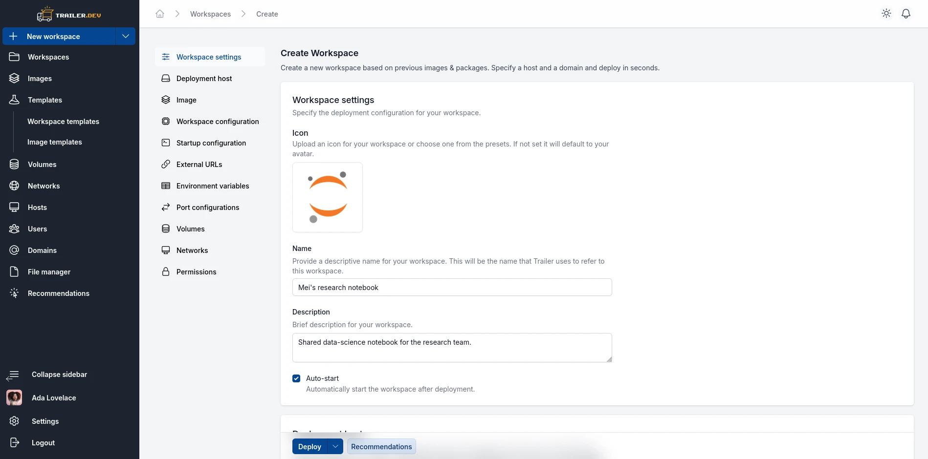 Create Workspace form