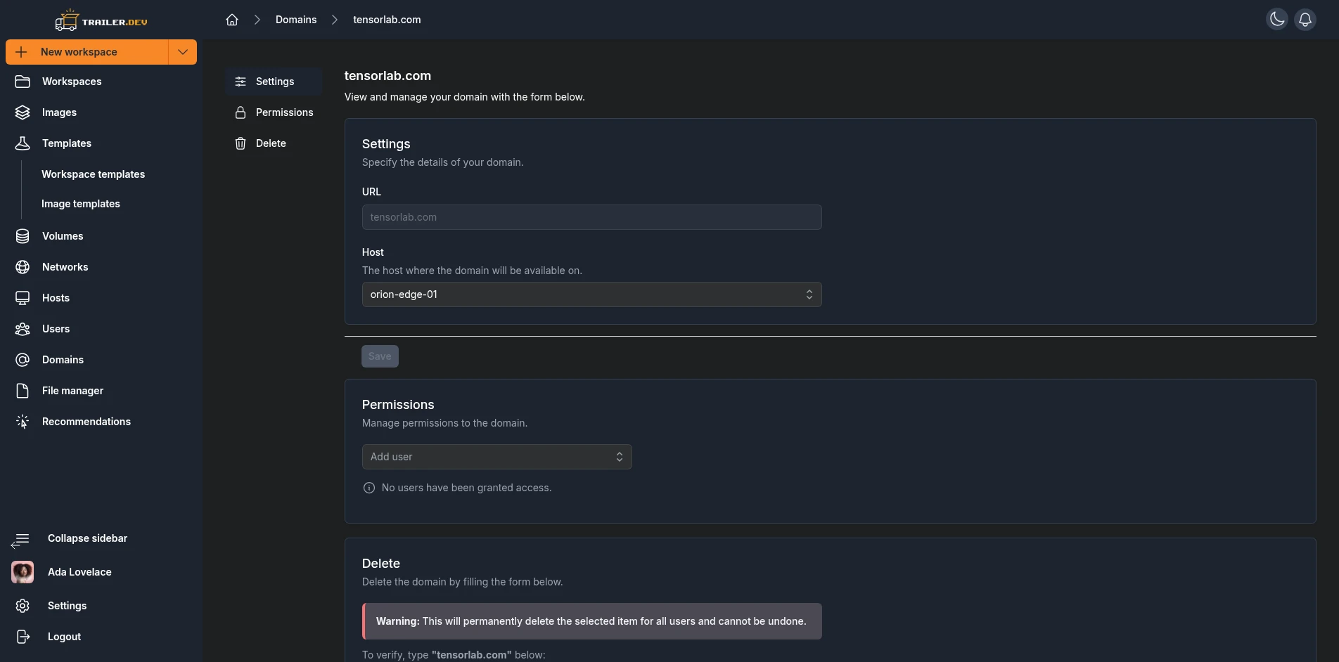 Domain Details page