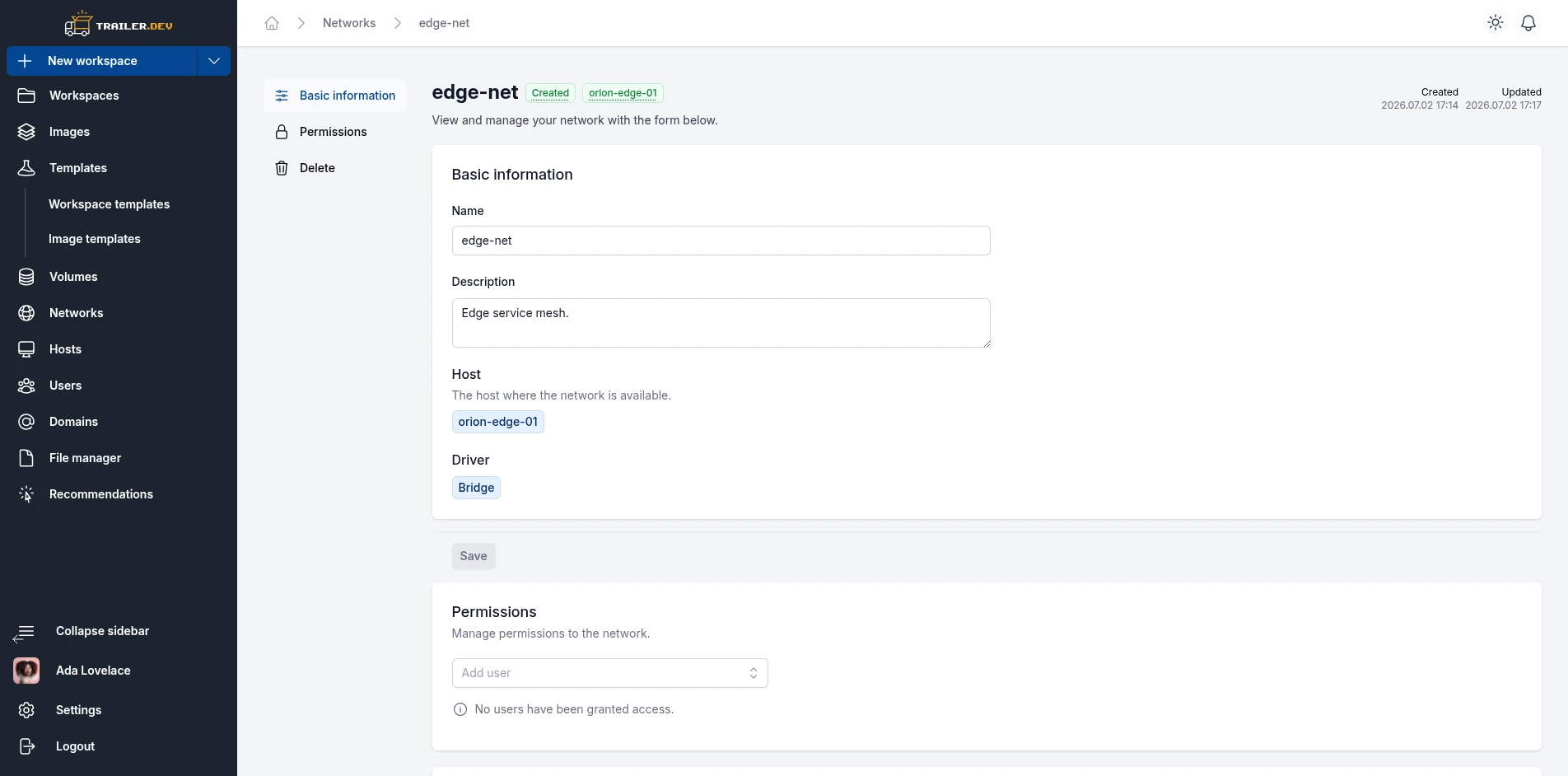 Network Details page