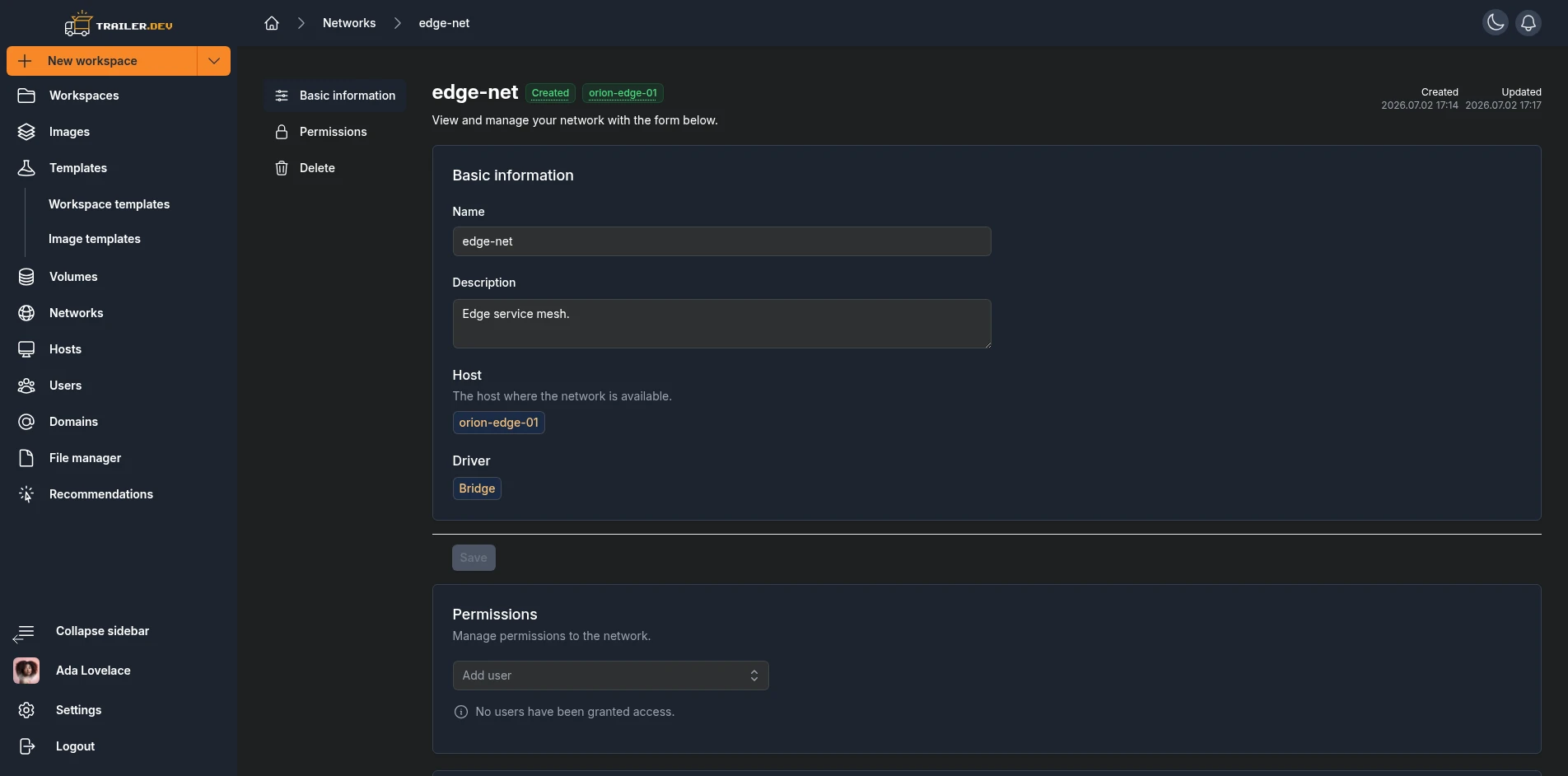 Network Details page