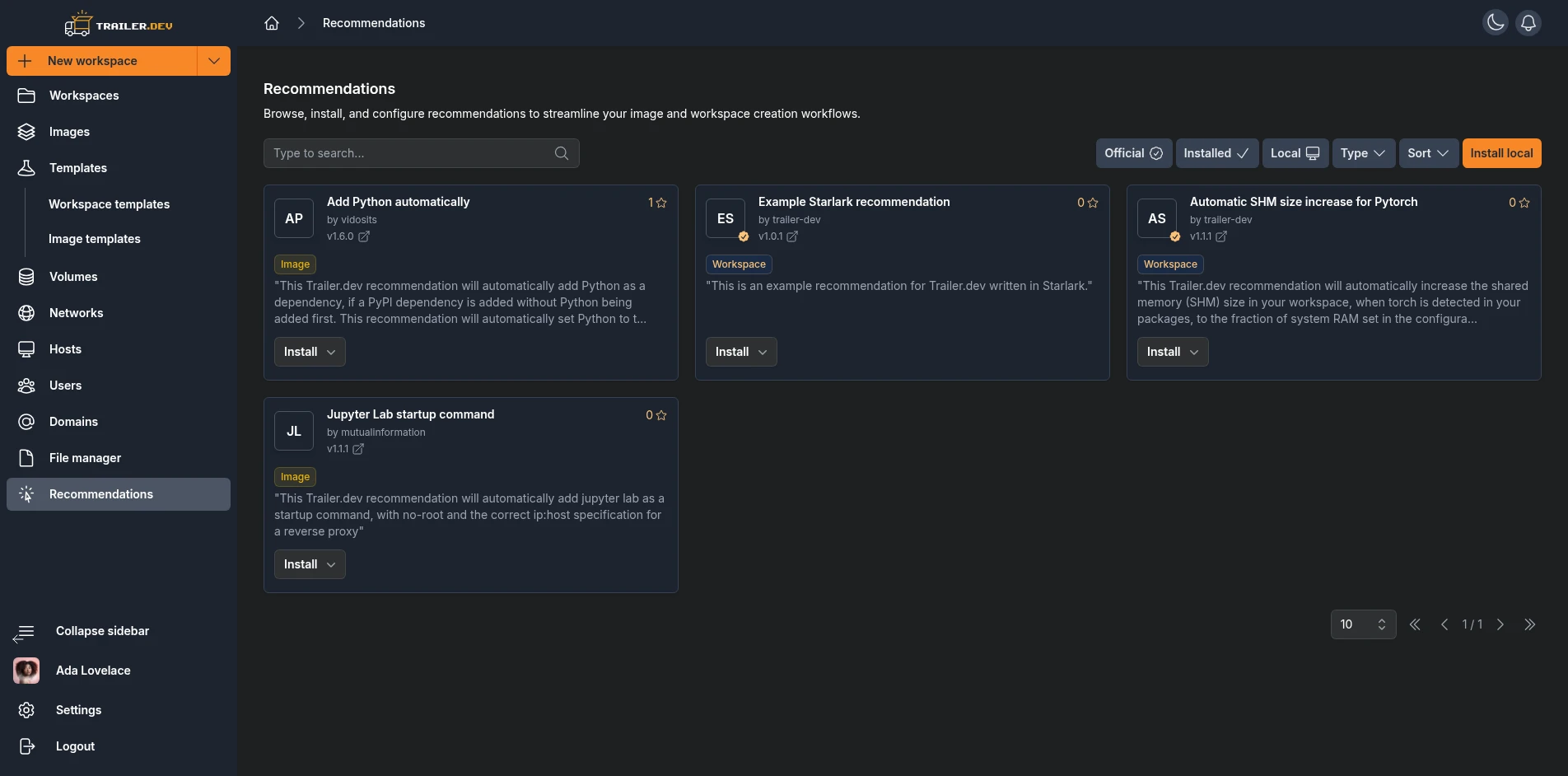 Recommendations catalog