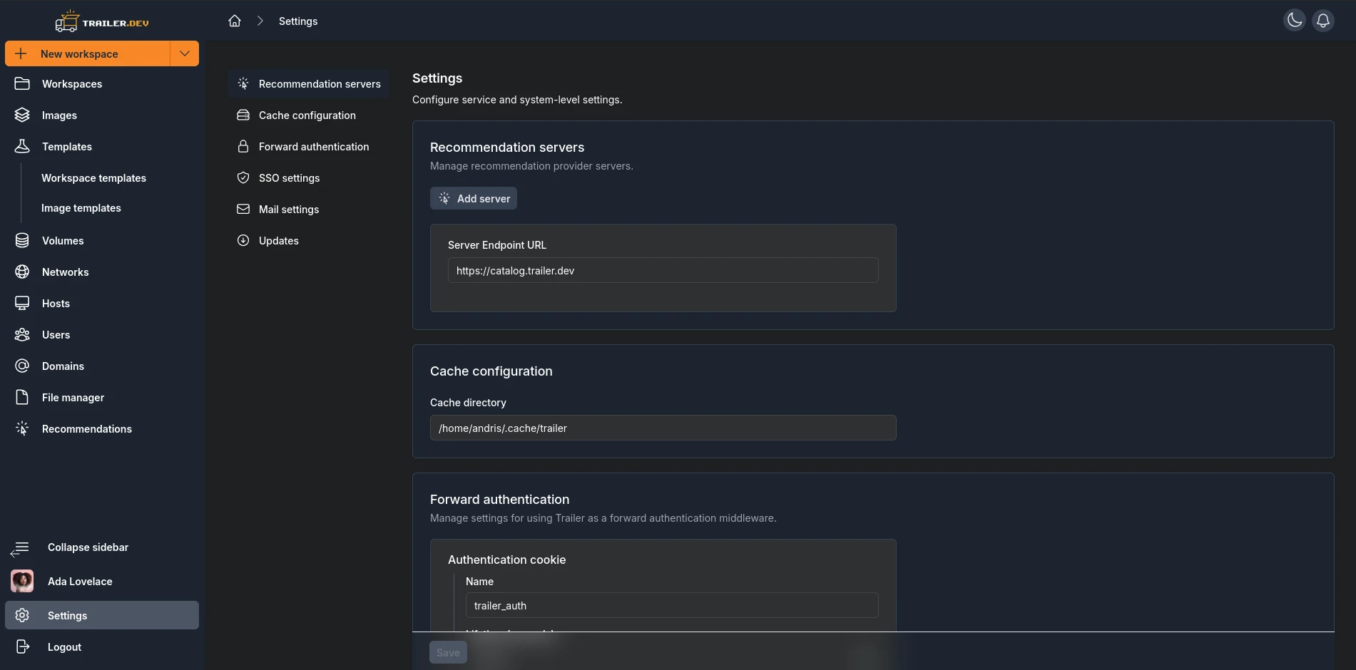 Settings page