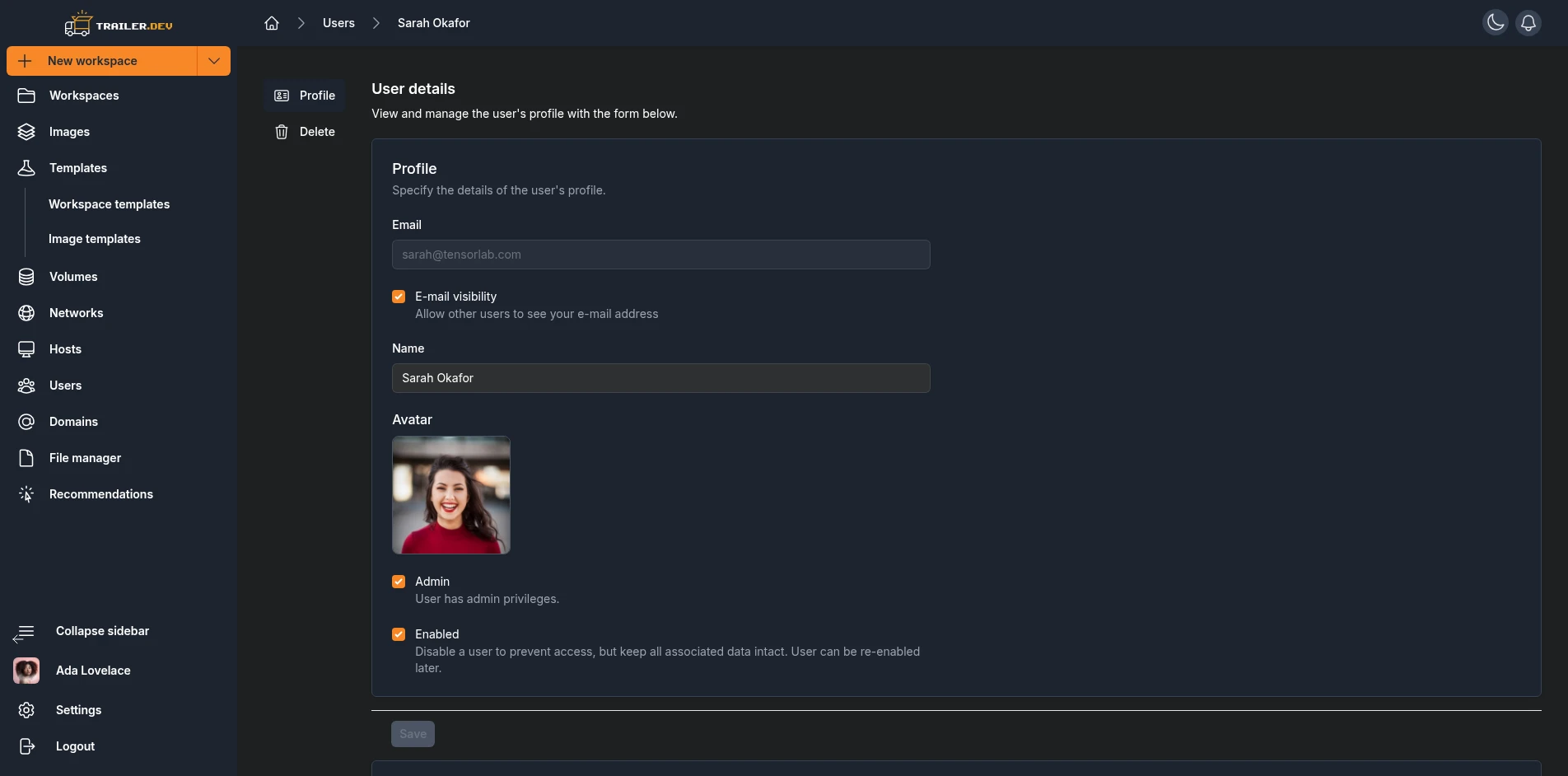 User detail page