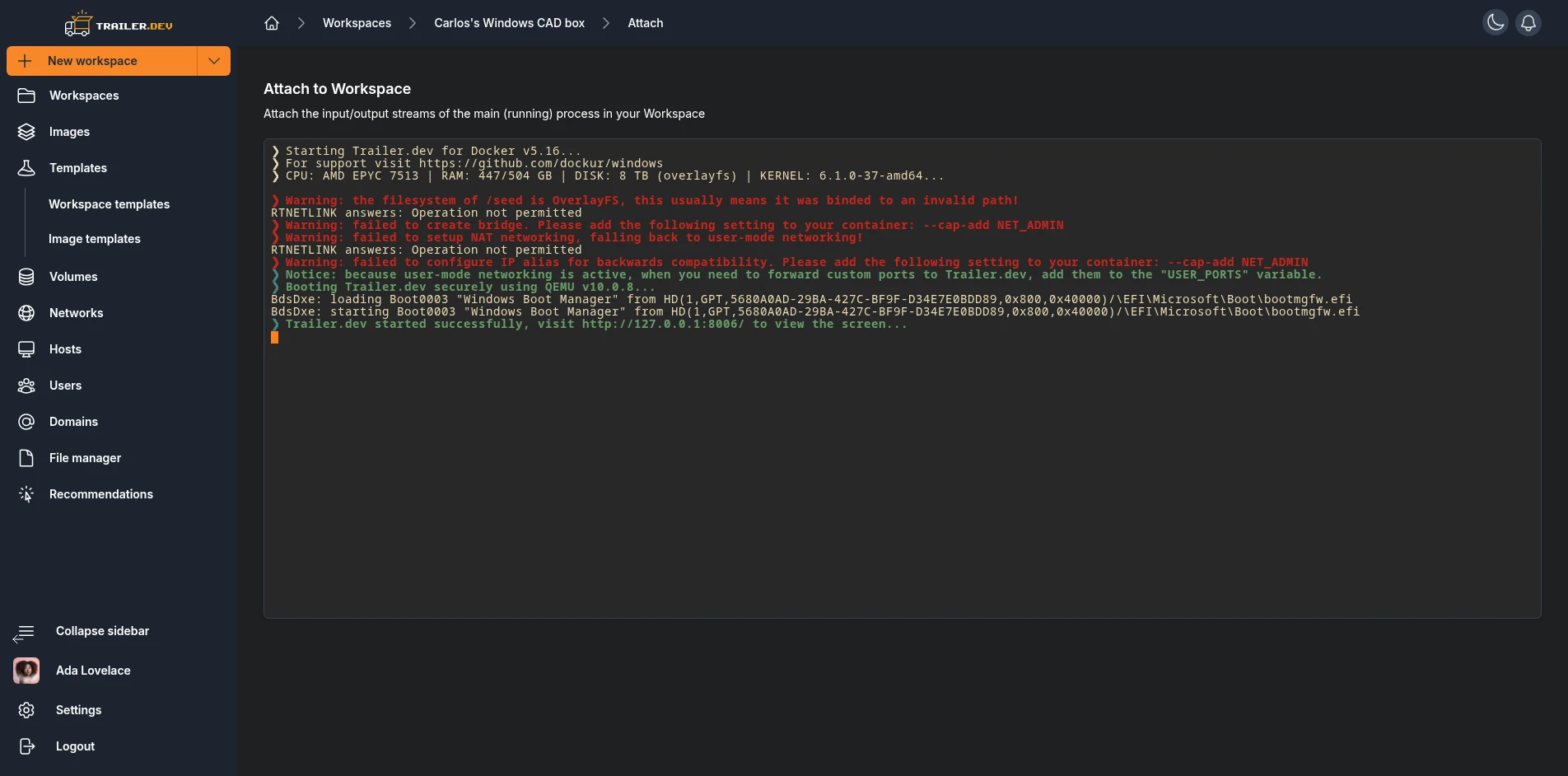 Workspace attach terminal
