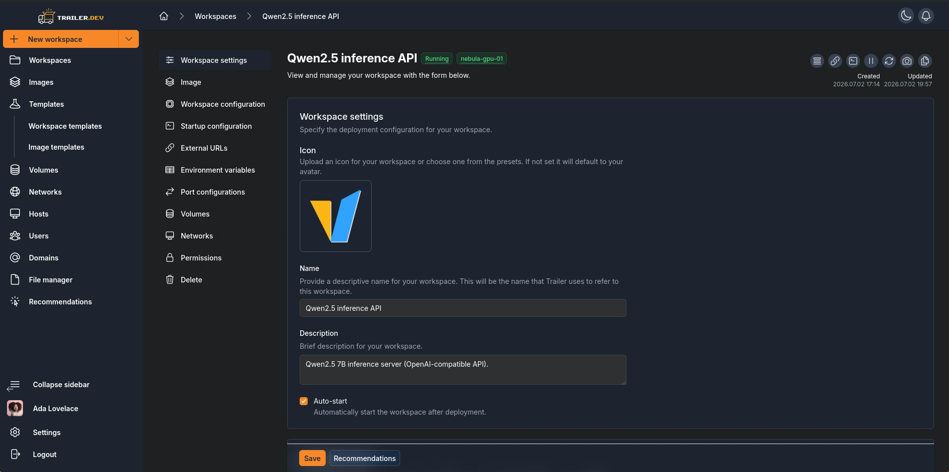 Workspace Details header and form