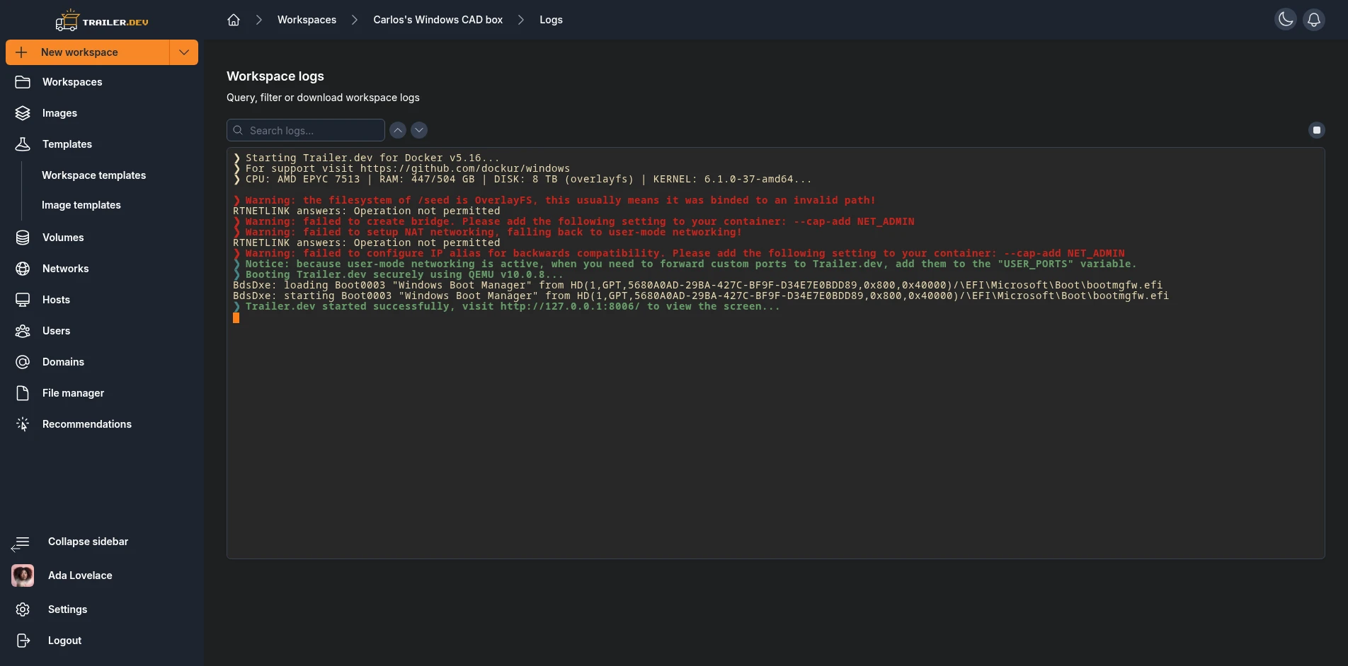 Workspace Logs terminal