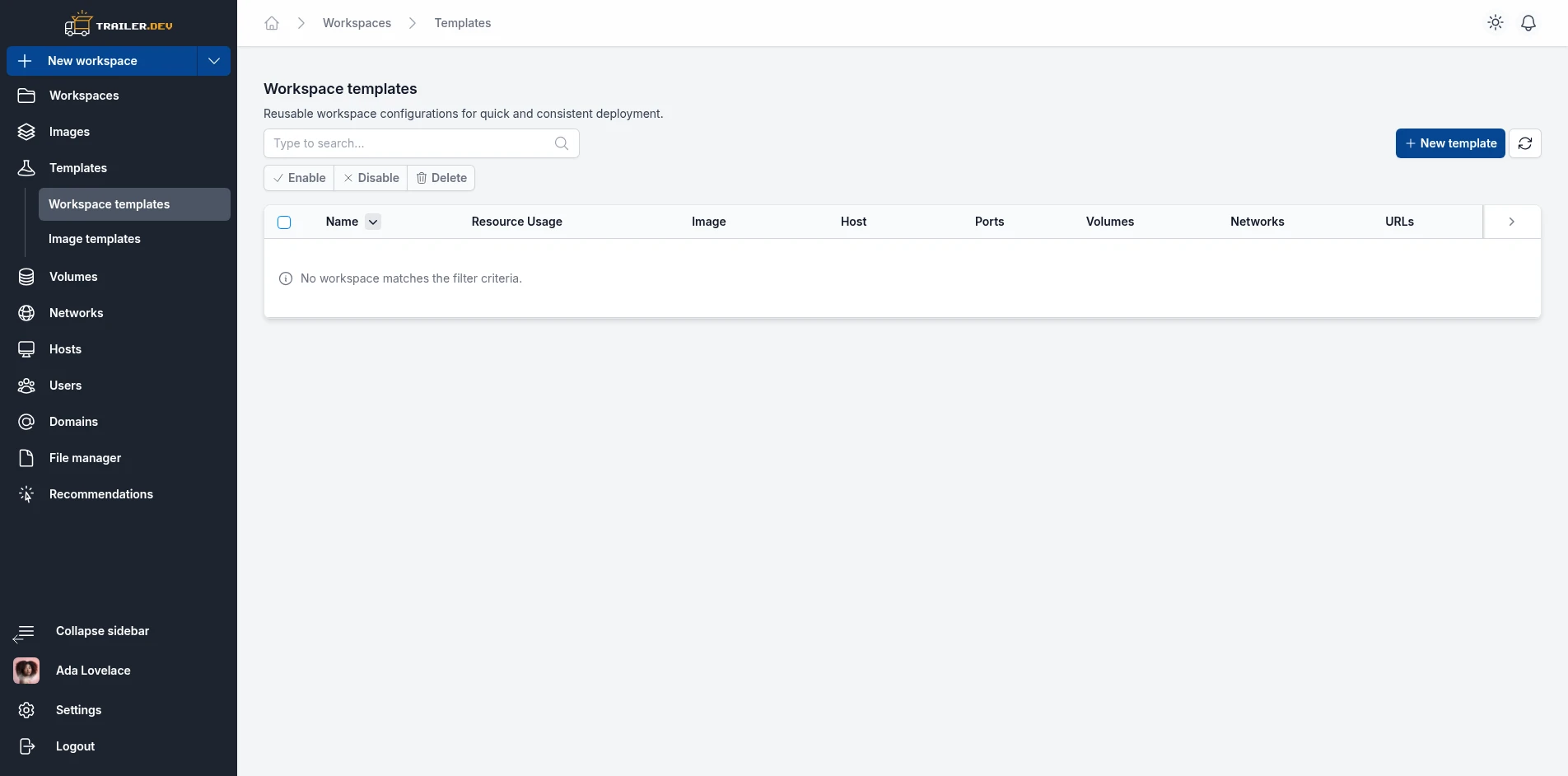 Workspace Templates table
