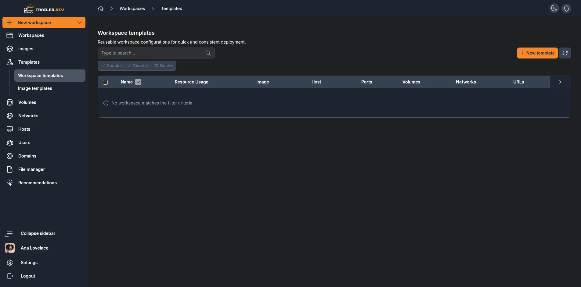Workspace Templates table