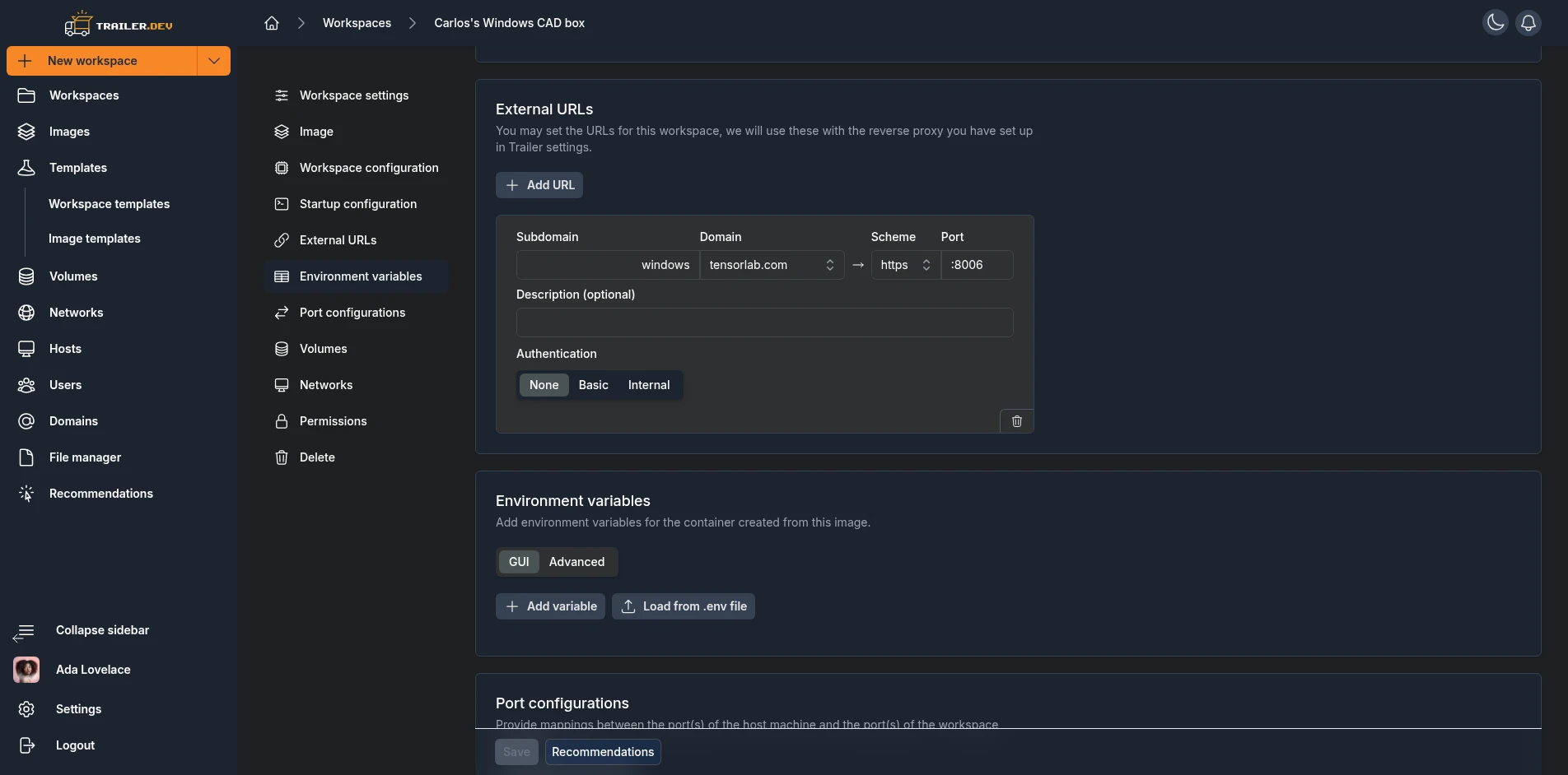 Workspace URLs section